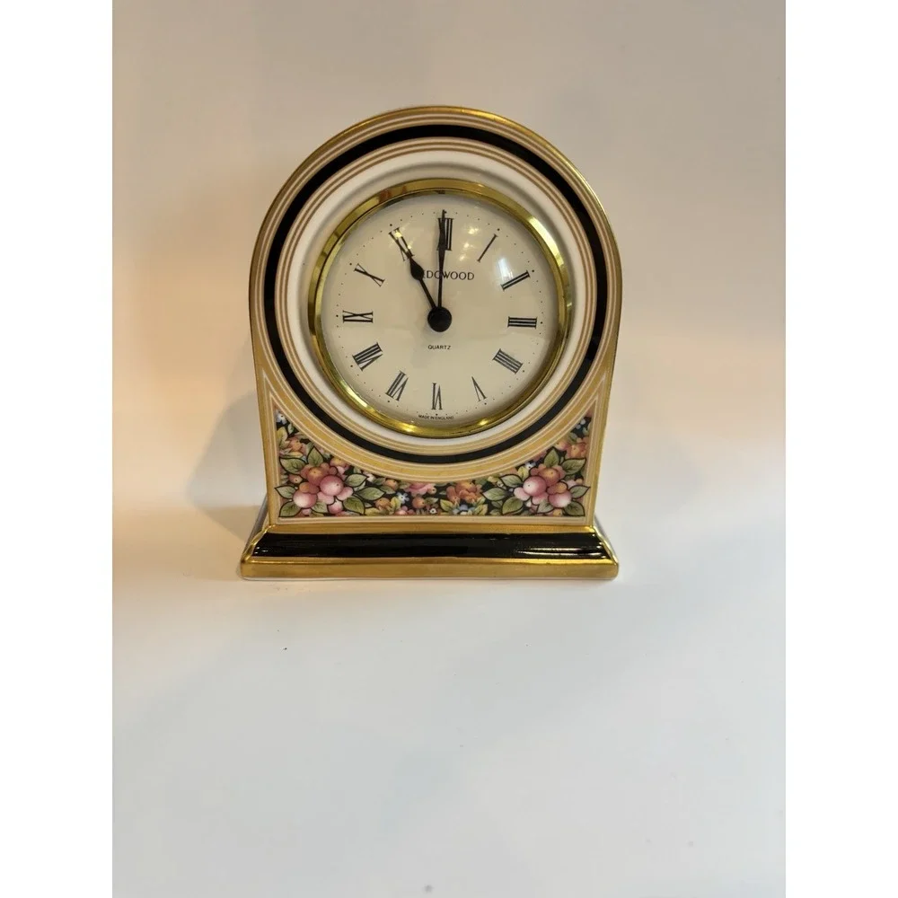 Wedgwood Bone China Clio Black & Gold Floral Mantle Clock Not Working